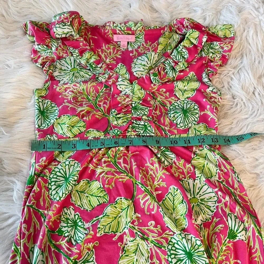 Lilly Pulitzer Clare Silk Blend Jersey Dress‎ Ruffle Pink Green Floral Size XS